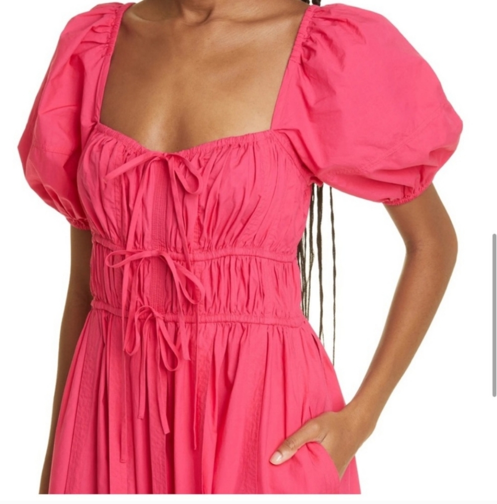 Ulla Johnson Palma Vibrant Barbie Pink Peasant Cotton Puff Sleeve Midi Dress - Picture 15 of 16